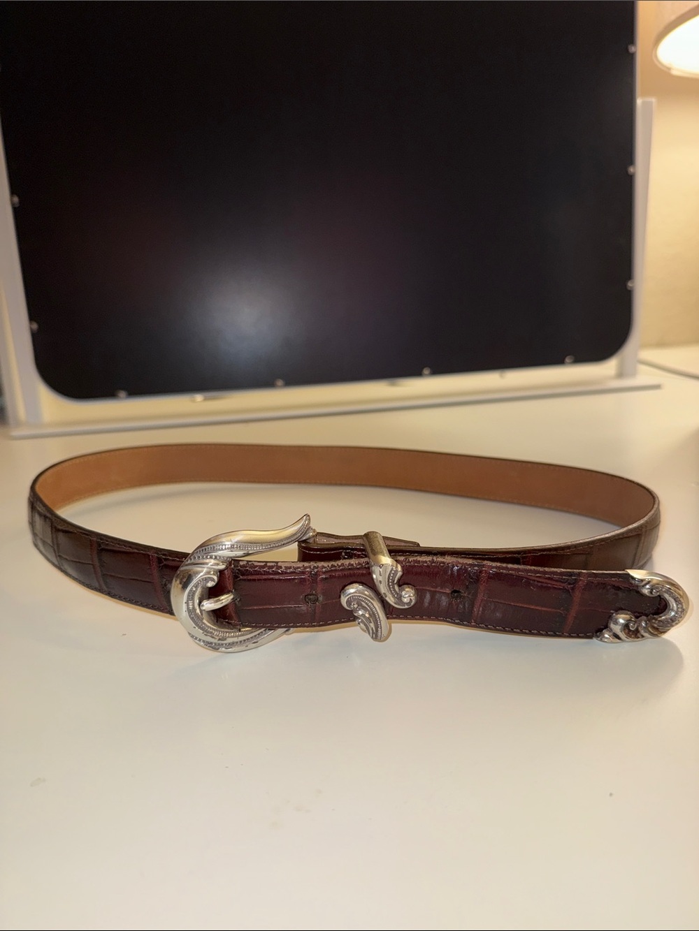 Brighton Croc-Embossed Leather Belt with Silver Western Buckle - Brown